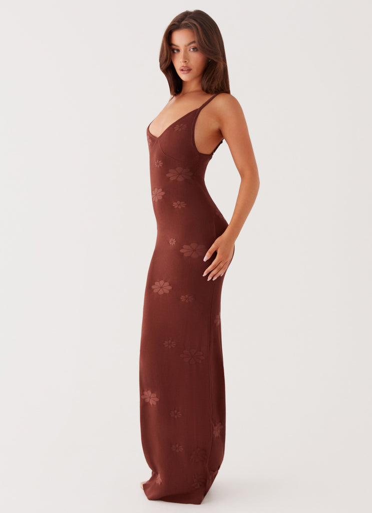 Womens Celeste Maxi Dress in the colour Chocolate in front of a light grey background