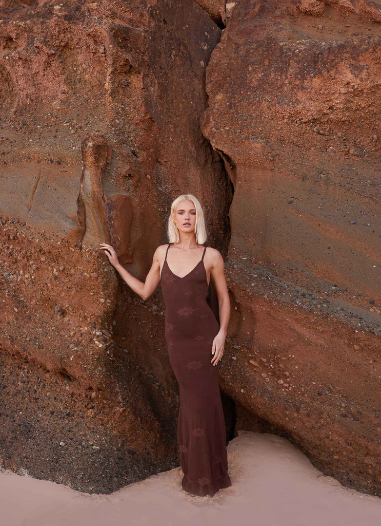 Womens Celeste Maxi Dress in the colour Chocolate in front of a light grey background