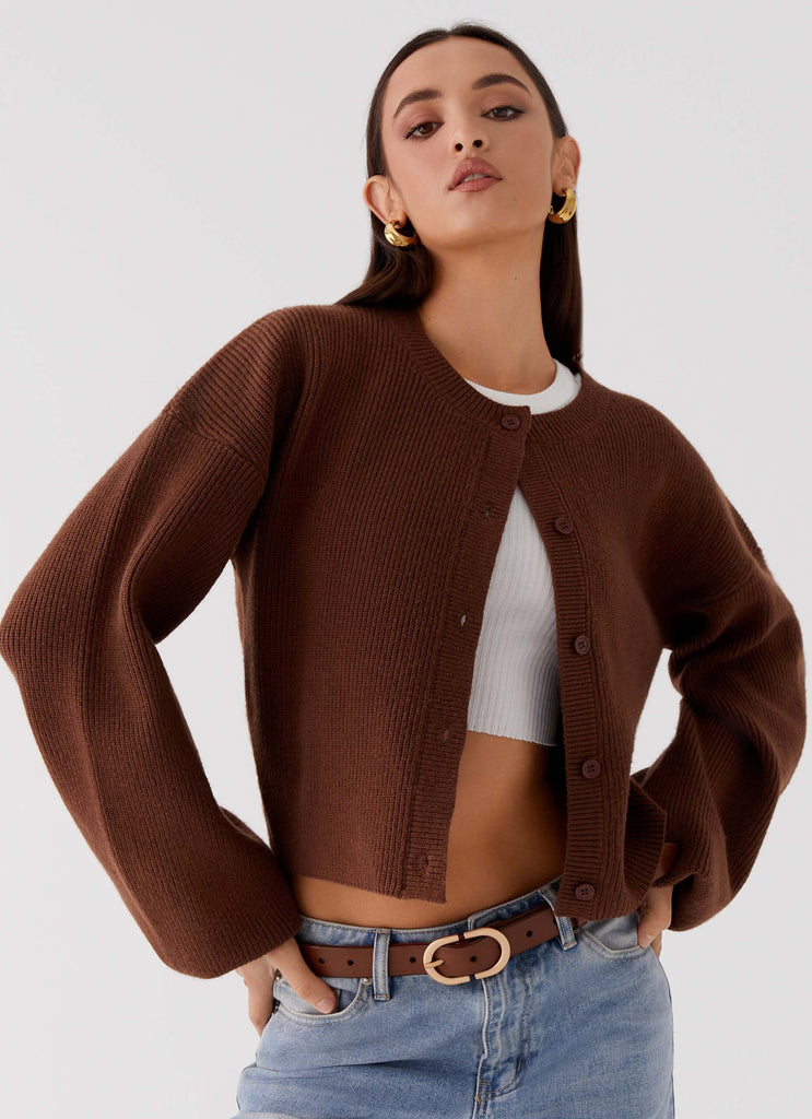 Womens Daphne Knit Cardigan in the colour Chocolate in front of a light grey background