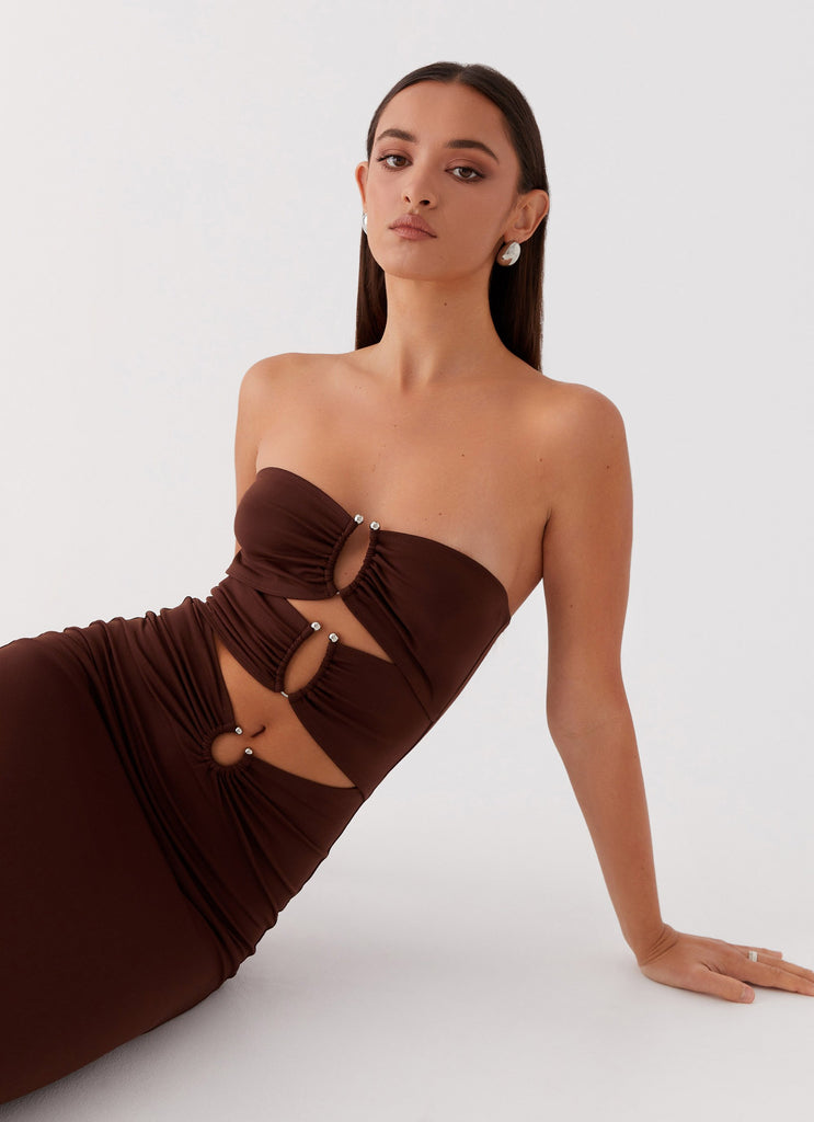 Womens Natasha Strapless Maxi Dress in the colour Chocolate in front of a light grey background