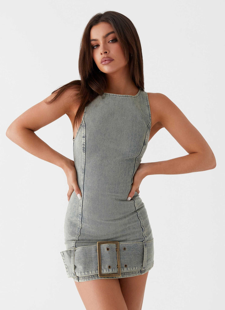 Womens Dark Matter Mini Dress in the colour Washed Denim in front of a light grey background