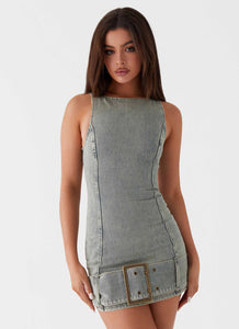 Womens Dark Matter Mini Dress in the colour Washed Denim in front of a light grey background