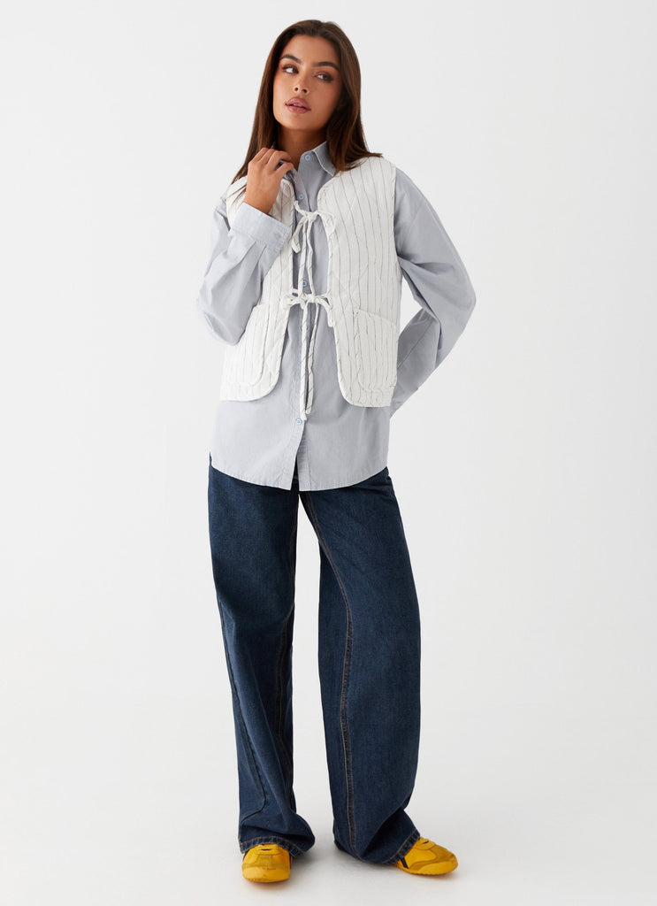 Womens Celini Quilted Vest in the colour White Pinstripe in front of a light grey background