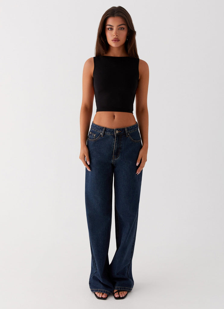 Womens Saskie Crop Top in the colour Black in front of a light grey background