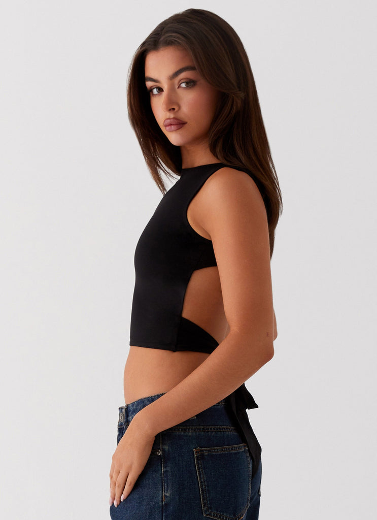 Womens Saskie Crop Top in the colour Black in front of a light grey background