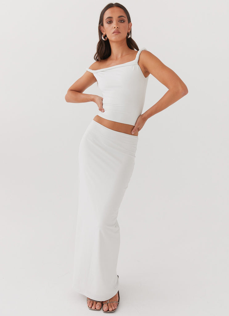 Womens Solace Soul Maxi Skirt in the colour Ivory in front of a light grey background