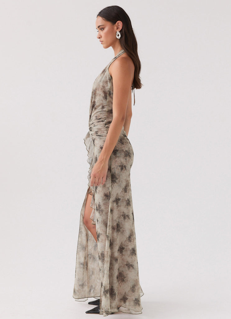 Womens Matilda Halterneck Maxi Dress in the colour Sage Smoke in front of a light grey background