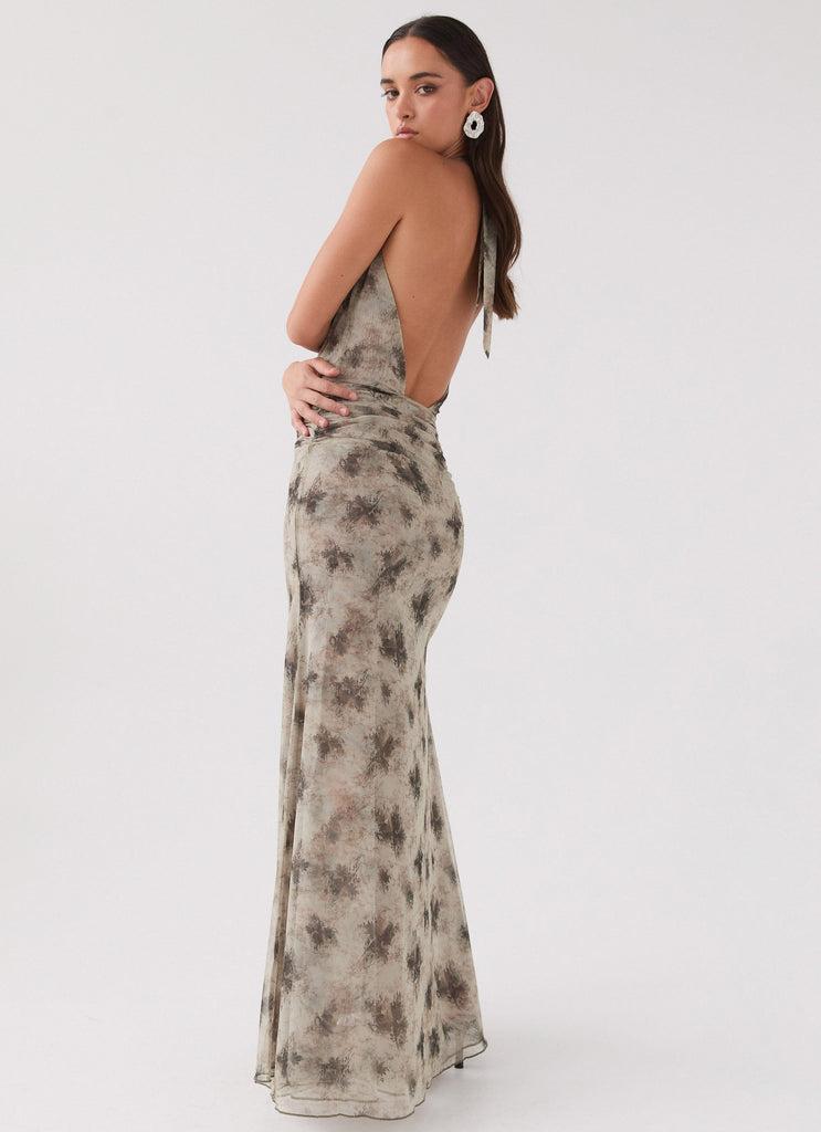 Womens Matilda Halterneck Maxi Dress in the colour Sage Smoke in front of a light grey background