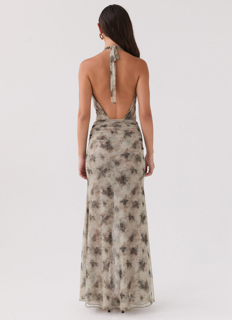 Womens Matilda Halterneck Maxi Dress in the colour Sage Smoke in front of a light grey background