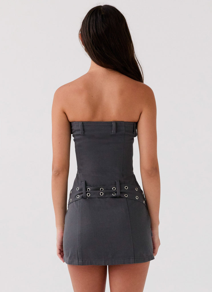 Womens Benny Drill Mini Dress in the colour Charcoal in front of a light grey background