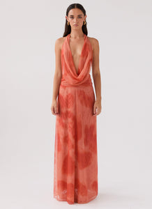 Womens Elysia Chiffon Maxi Dress in the colour Fiery Fusion in front of a light grey background