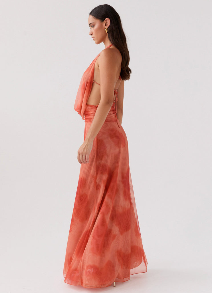 Womens Elysia Chiffon Maxi Dress in the colour Fiery Fusion in front of a light grey background