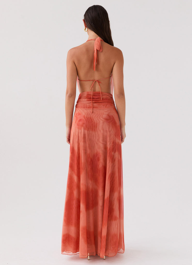 Womens Elysia Chiffon Maxi Dress in the colour Fiery Fusion in front of a light grey background