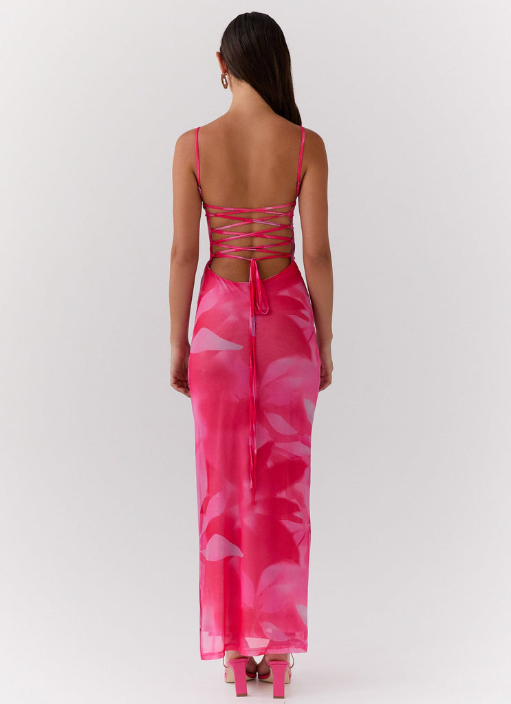 Womens Life In Pink Maxi Dress in the colour Abstract Bloom in front of a light grey background