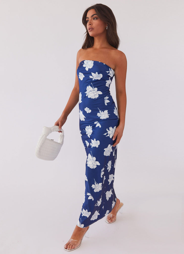 Womens What I Want Maxi Dress in the colour Navy Flora in front of a light grey background