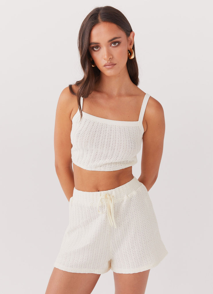 Womens By The Bay Oversized Knit Shorts in the colour Ivory in front of a light grey background