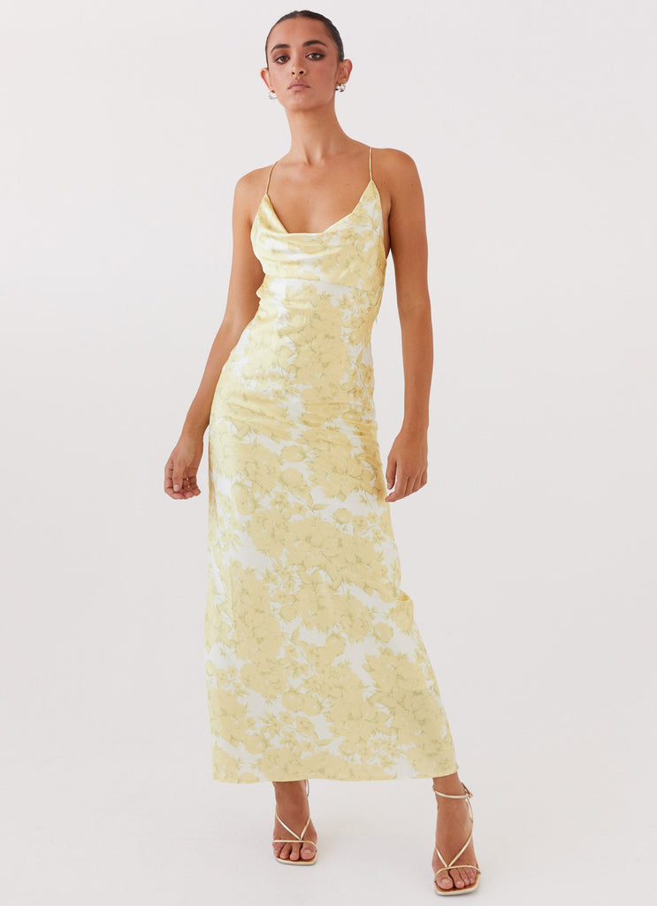 Womens Coastal Escape Satin Maxi Dress in the colour Daffodil in front of a light grey background