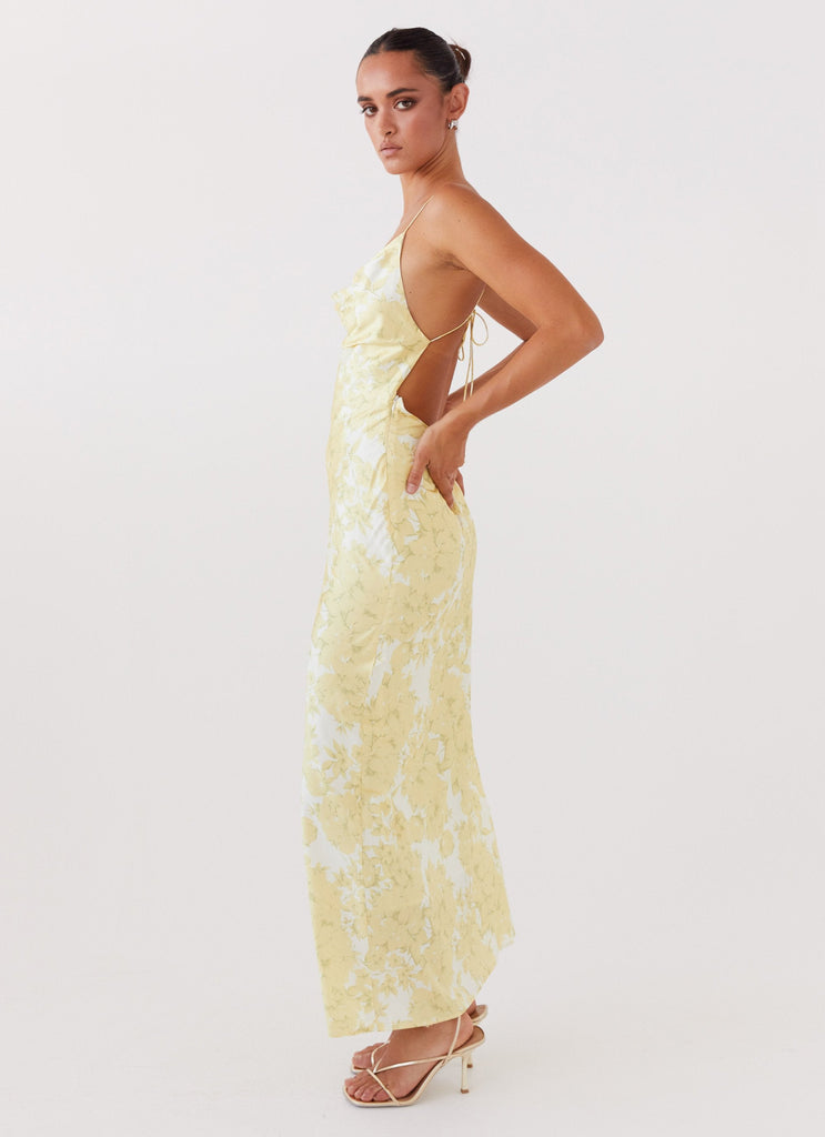 Womens Coastal Escape Satin Maxi Dress in the colour Daffodil in front of a light grey background