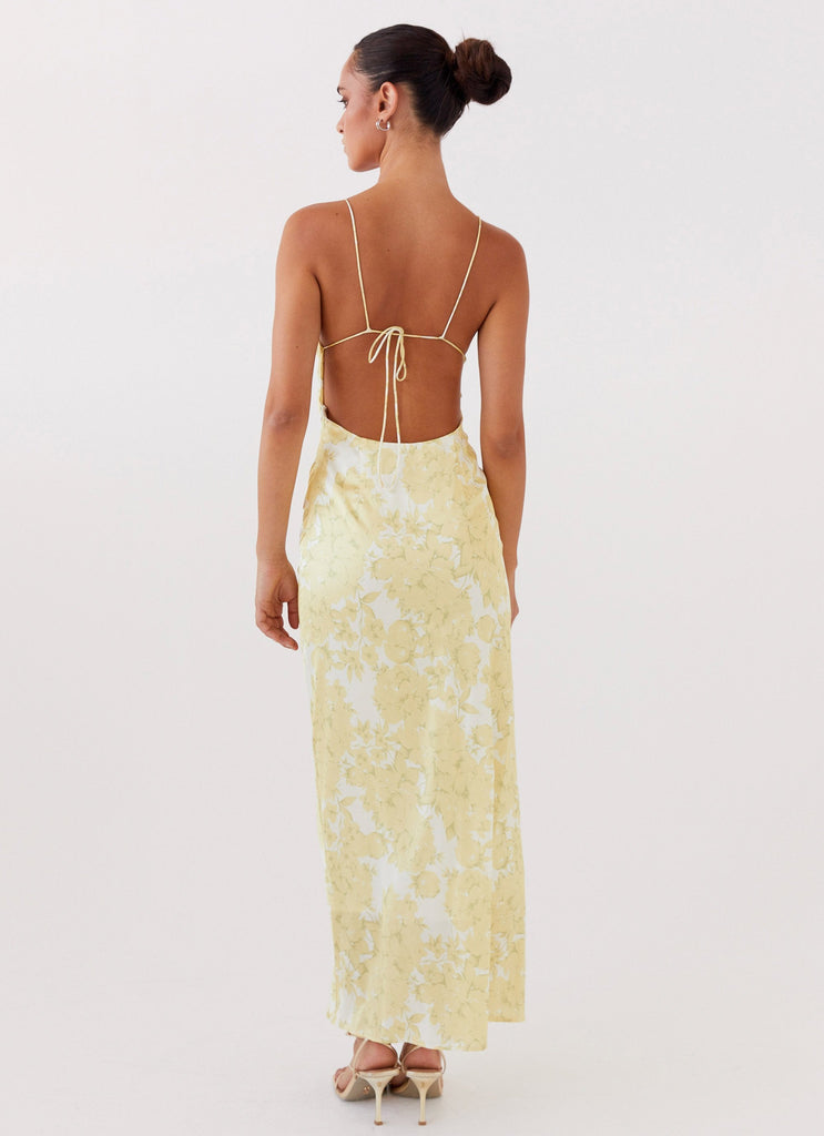 Womens Coastal Escape Satin Maxi Dress in the colour Daffodil in front of a light grey background