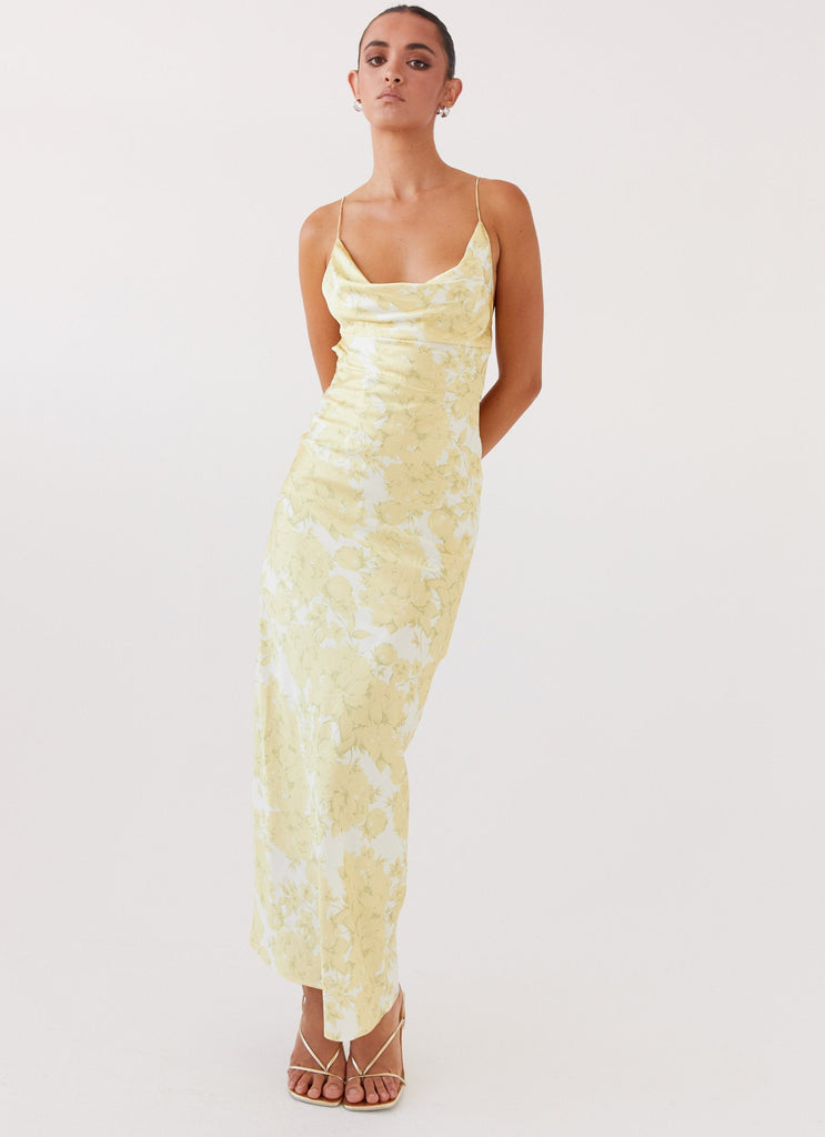 Womens Coastal Escape Satin Maxi Dress in the colour Daffodil in front of a light grey background