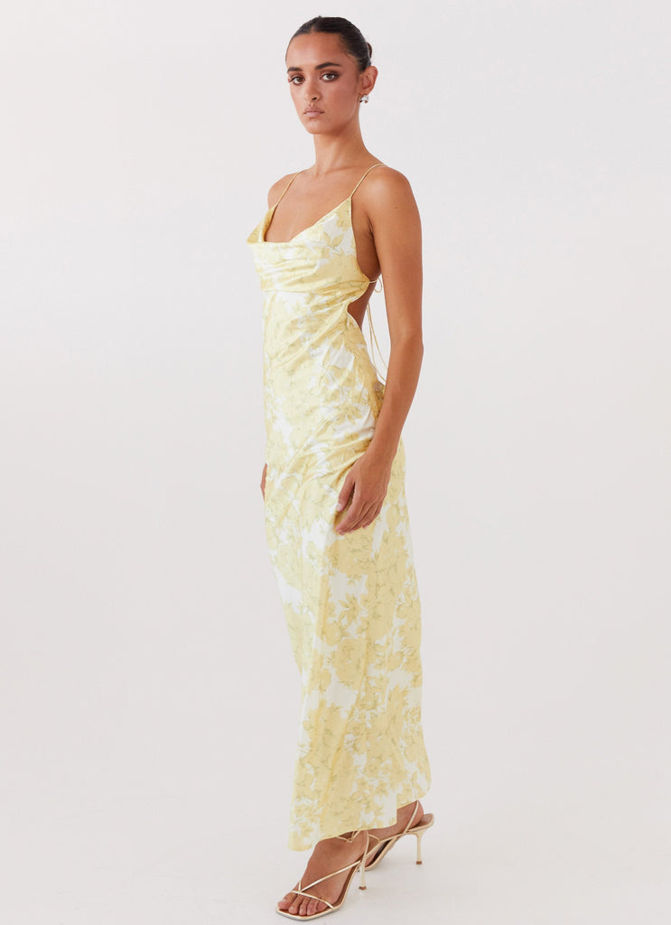 Womens Coastal Escape Satin Maxi Dress in the colour Daffodil in front of a light grey background