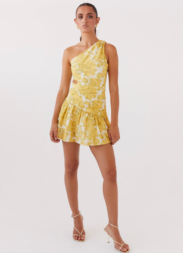 Womens Sunkissed Hearts One Shoulder Mini Dress in the colour Daffodil in front of a light grey background