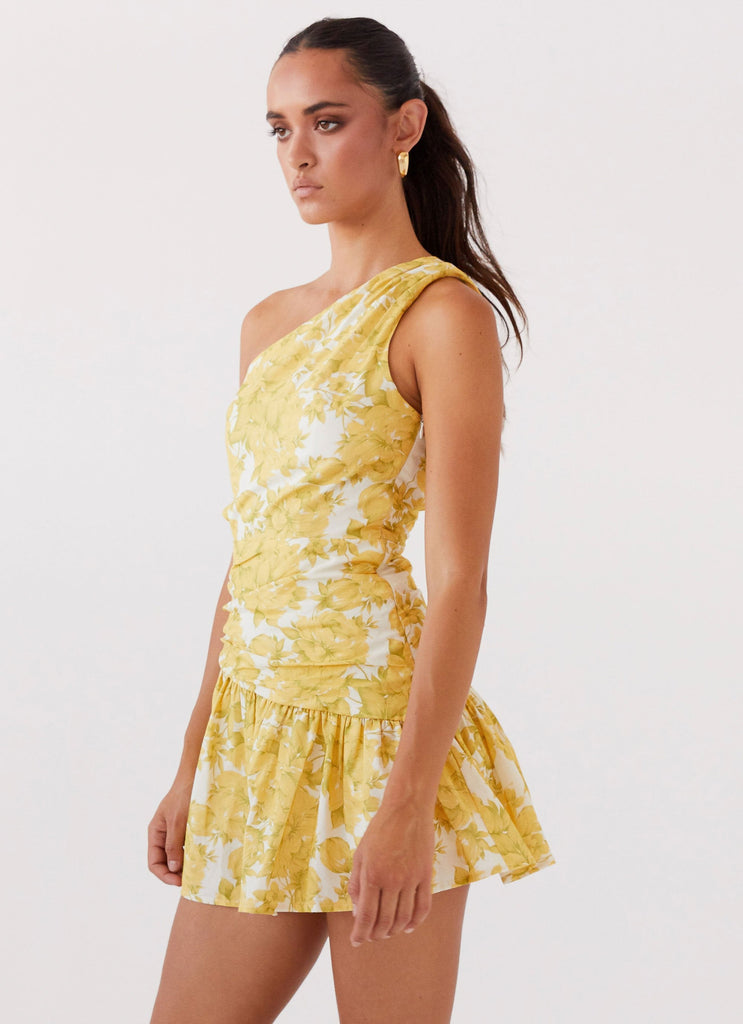 Womens Sunkissed Hearts One Shoulder Mini Dress in the colour Daffodil in front of a light grey background