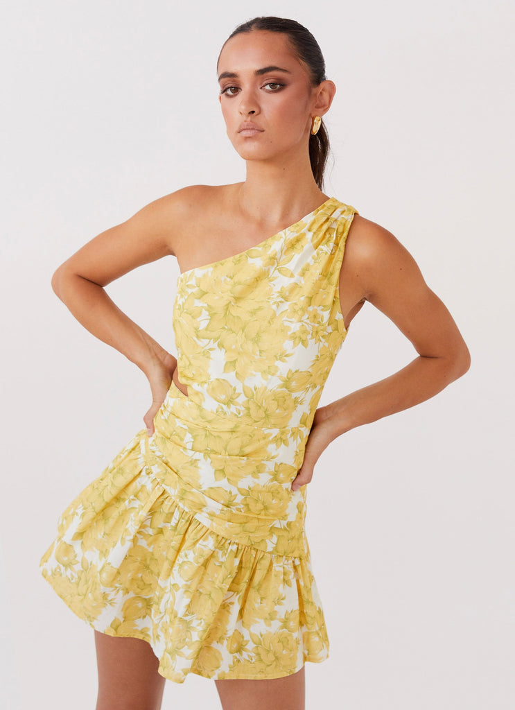 Womens Sunkissed Hearts One Shoulder Mini Dress in the colour Daffodil in front of a light grey background