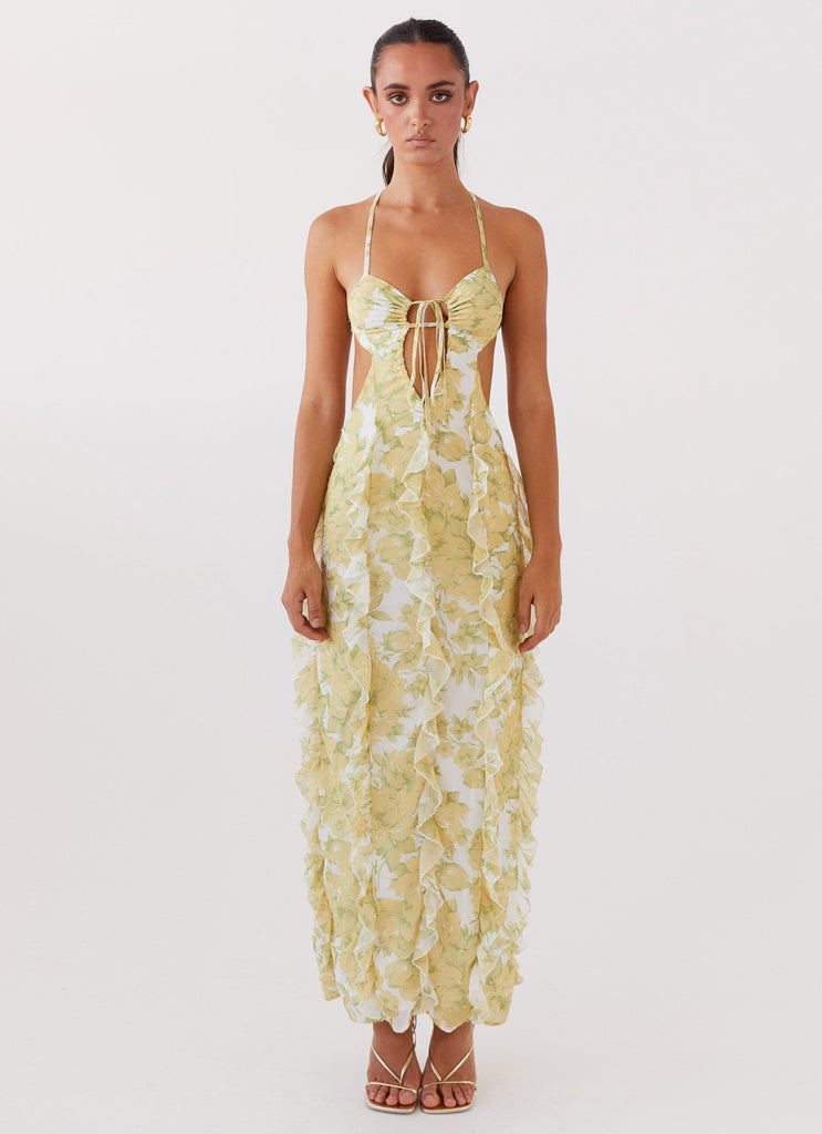 Womens Sunset Kisses Ruffle Maxi Dress in the colour Daffodil in front of a light grey background