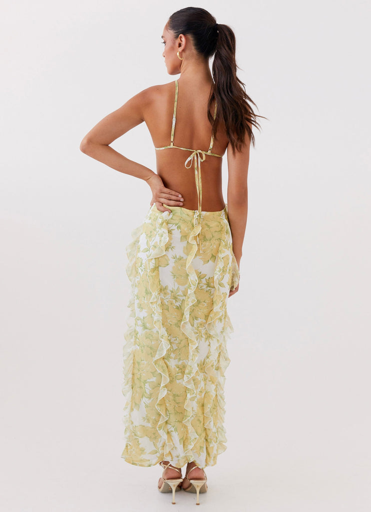 Womens Sunset Kisses Ruffle Maxi Dress in the colour Daffodil in front of a light grey background