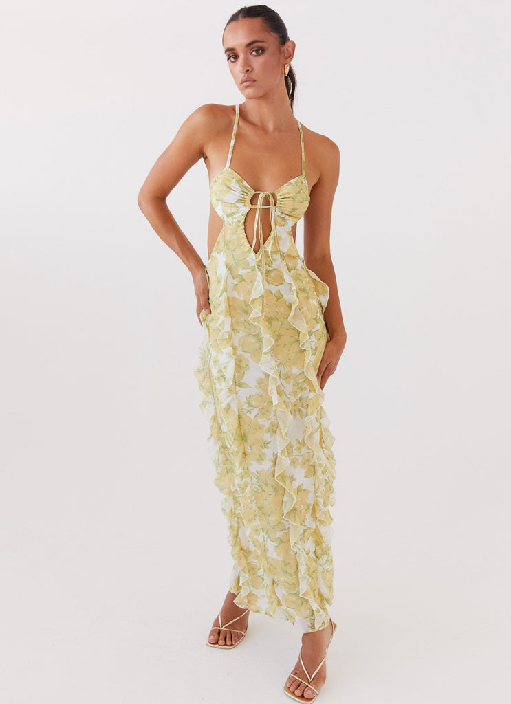 Womens Sunset Kisses Ruffle Maxi Dress in the colour Daffodil in front of a light grey background