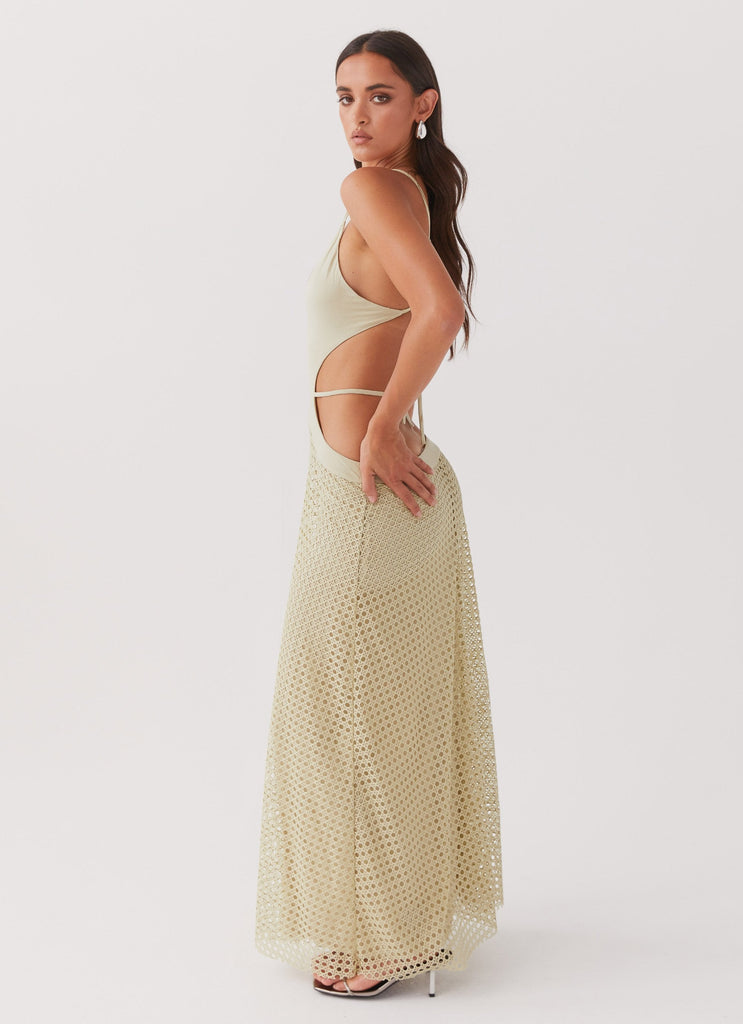 Womens Enchanted Melodies Maxi Dress in the colour Sage in front of a light grey background