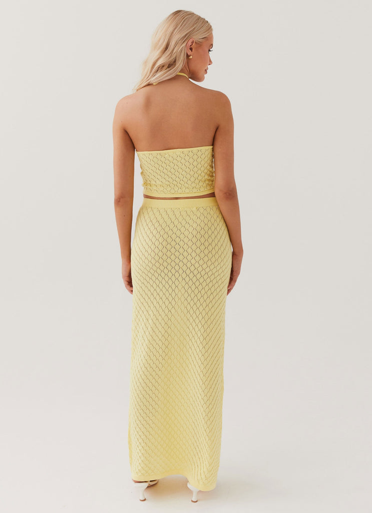 Womens Amanza Knit Maxi Skirt in the colour Lemon in front of a light grey background