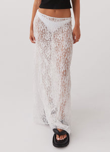 Womens Sugar Sweet Lace Maxi Skirt in the colour White in front of a light grey background