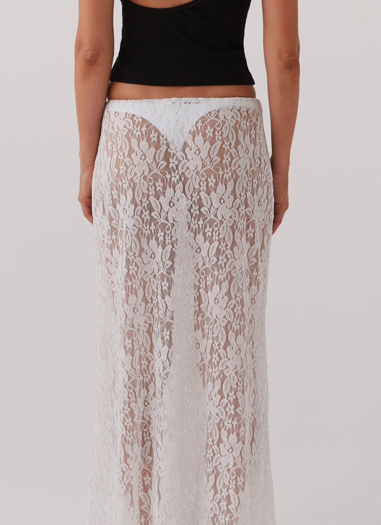 Womens Sugar Sweet Lace Maxi Skirt in the colour White in front of a light grey background