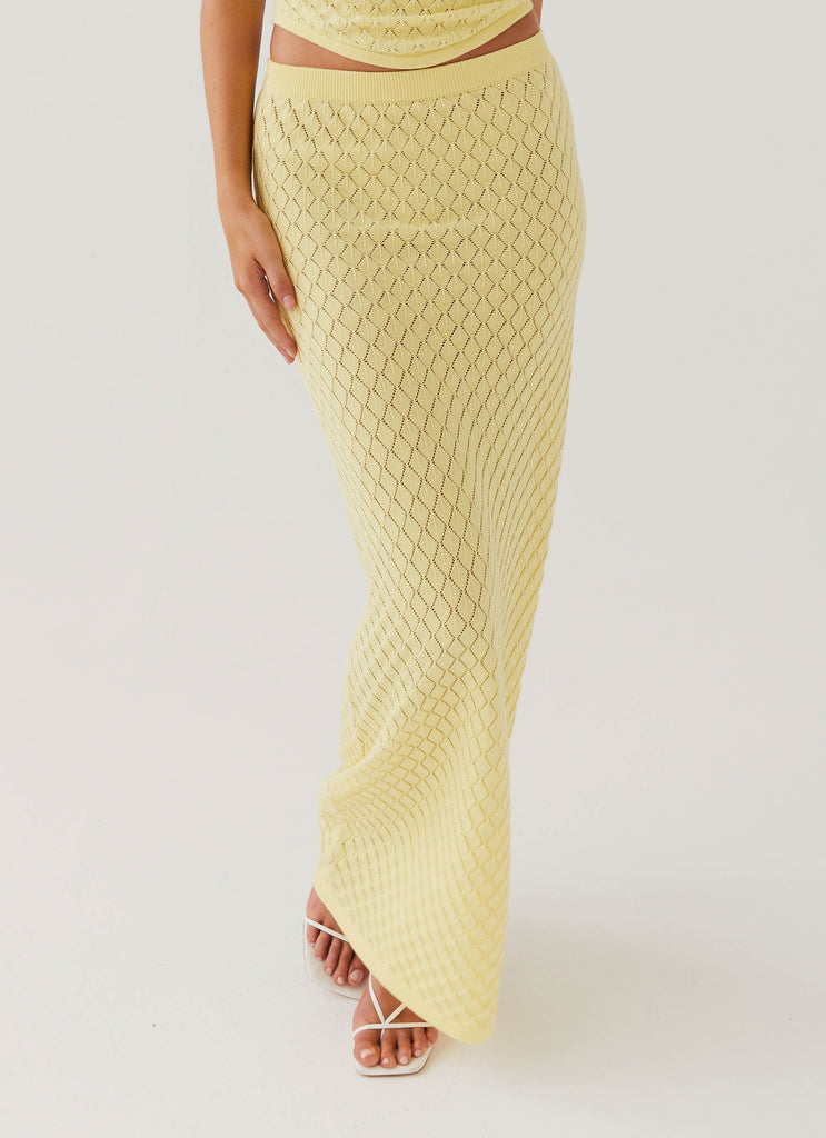 Womens Amanza Knit Maxi Skirt in the colour Lemon in front of a light grey background