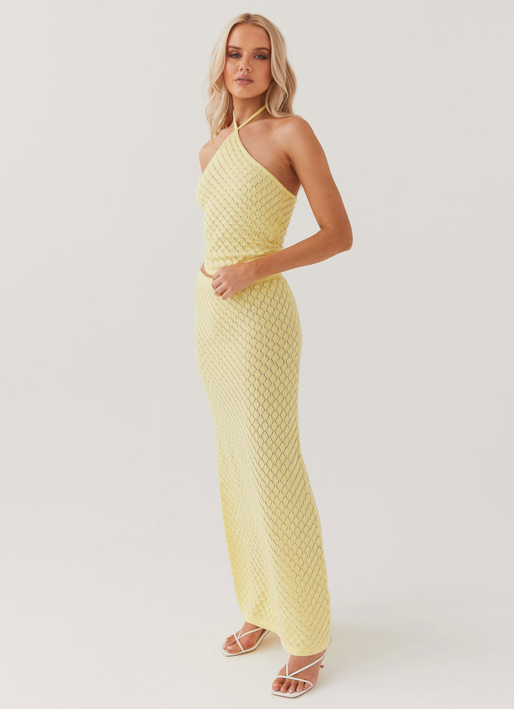 Womens Amanza Knit Maxi Skirt in the colour Lemon in front of a light grey background