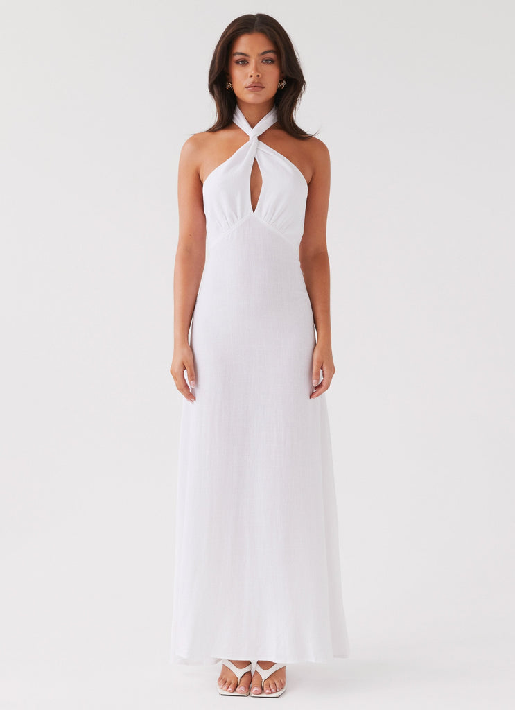 Womens Adrienne Linen Maxi Dress in the colour White in front of a light grey background