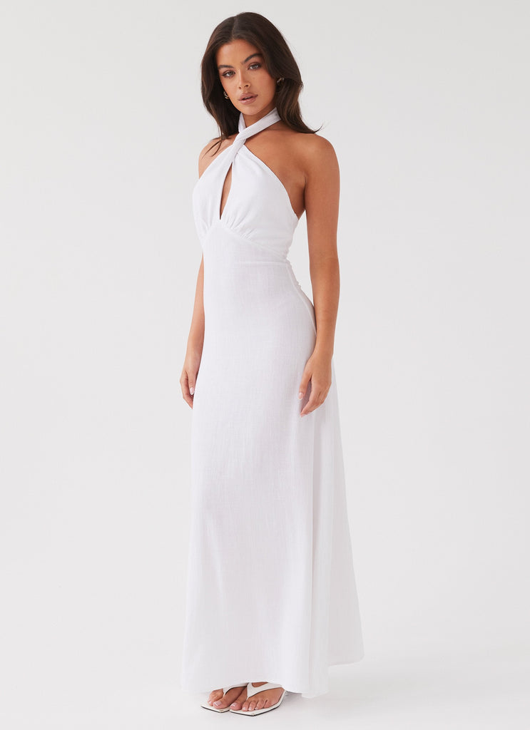 Womens Adrienne Linen Maxi Dress in the colour White in front of a light grey background