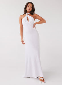 Womens Adrienne Linen Maxi Dress in the colour White in front of a light grey background