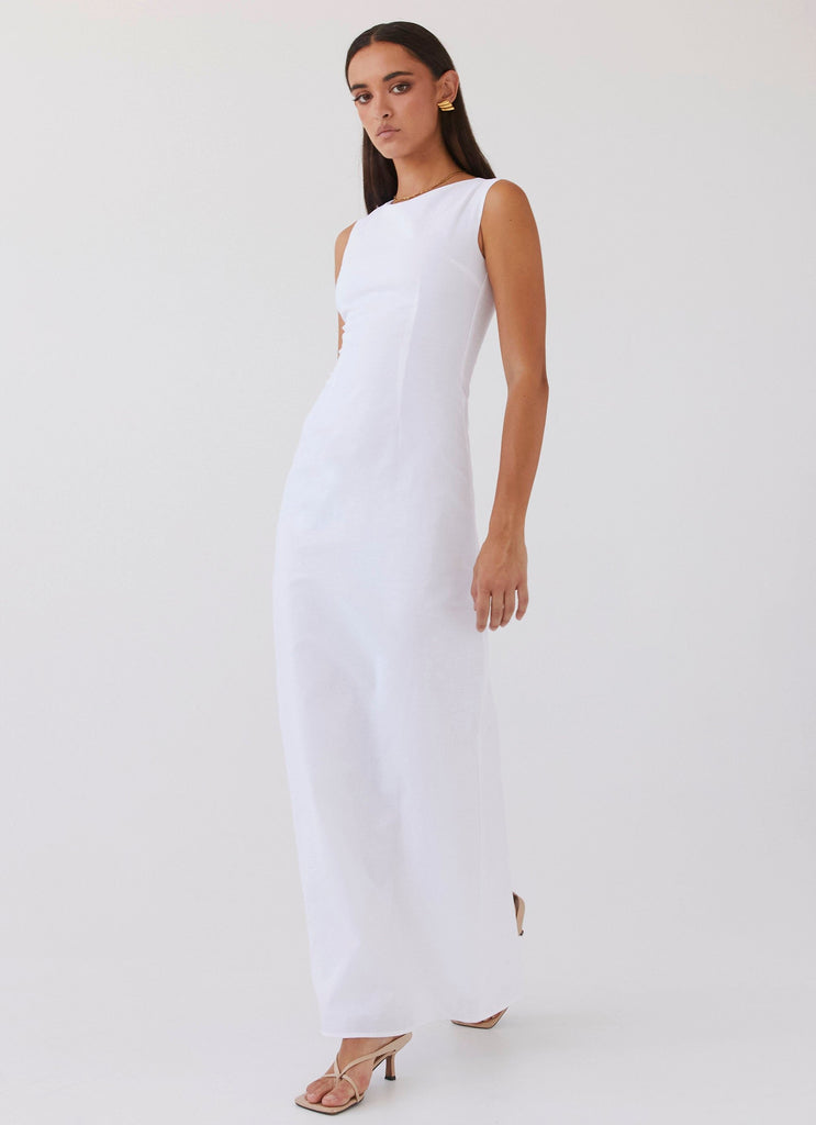 Womens Eloise High Neck Maxi Dress in the colour White in front of a light grey background