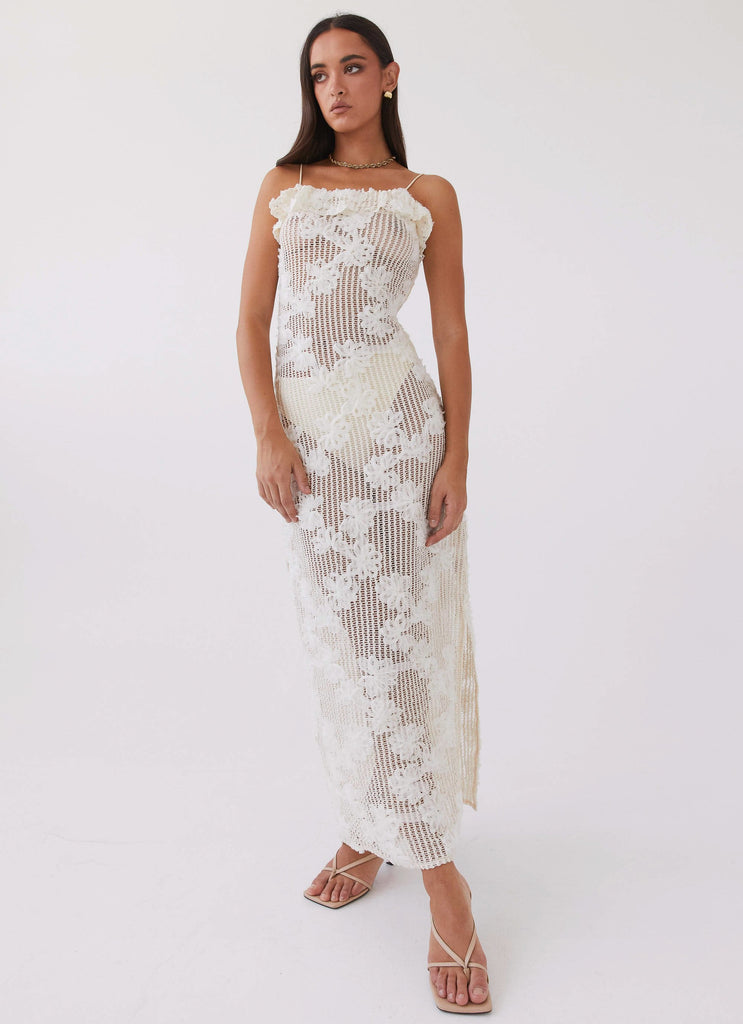 Womens Evangeline Embroidered Maxi Dress in the colour Ivory Tea in front of a light grey background