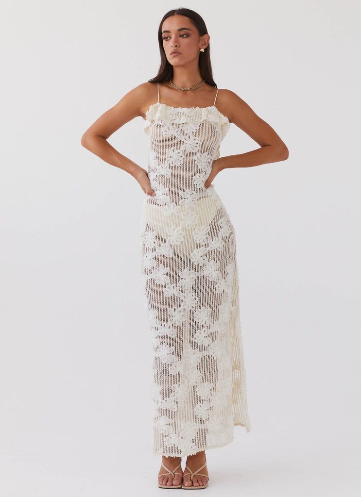 Womens Evangeline Embroidered Maxi Dress in the colour Ivory Tea in front of a light grey background