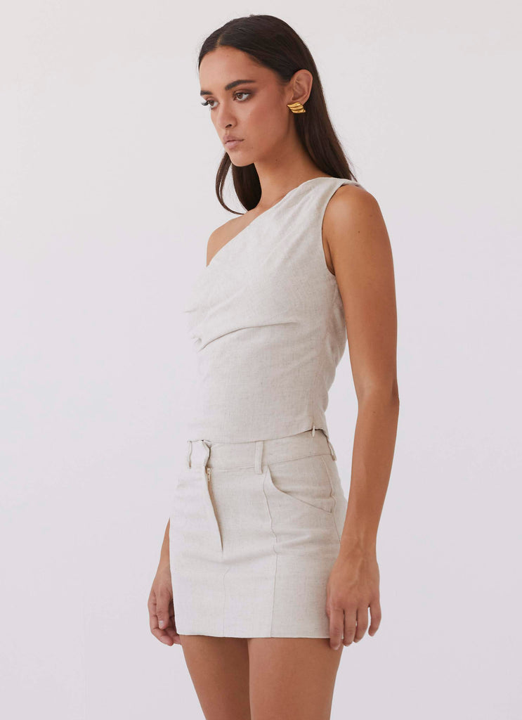 Womens Marissa Linen Mini Skirt in the colour Oatmeal in front of a light grey background