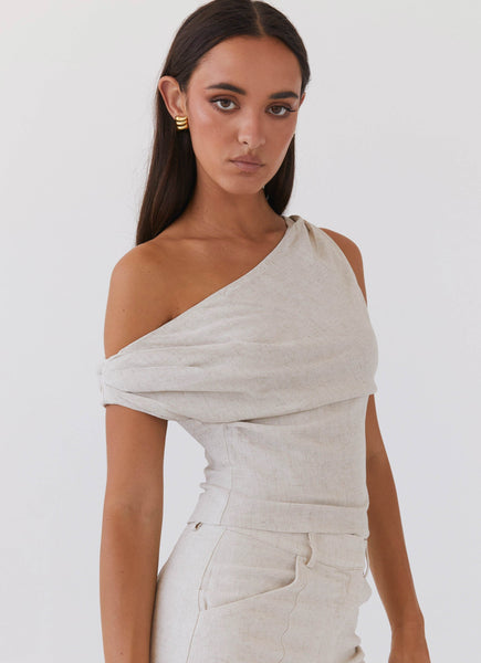 【THE MOZZ】Needs Linen One Piece Marissa Linen One Shoulder Top - Oatmeal – Peppermayo Canada