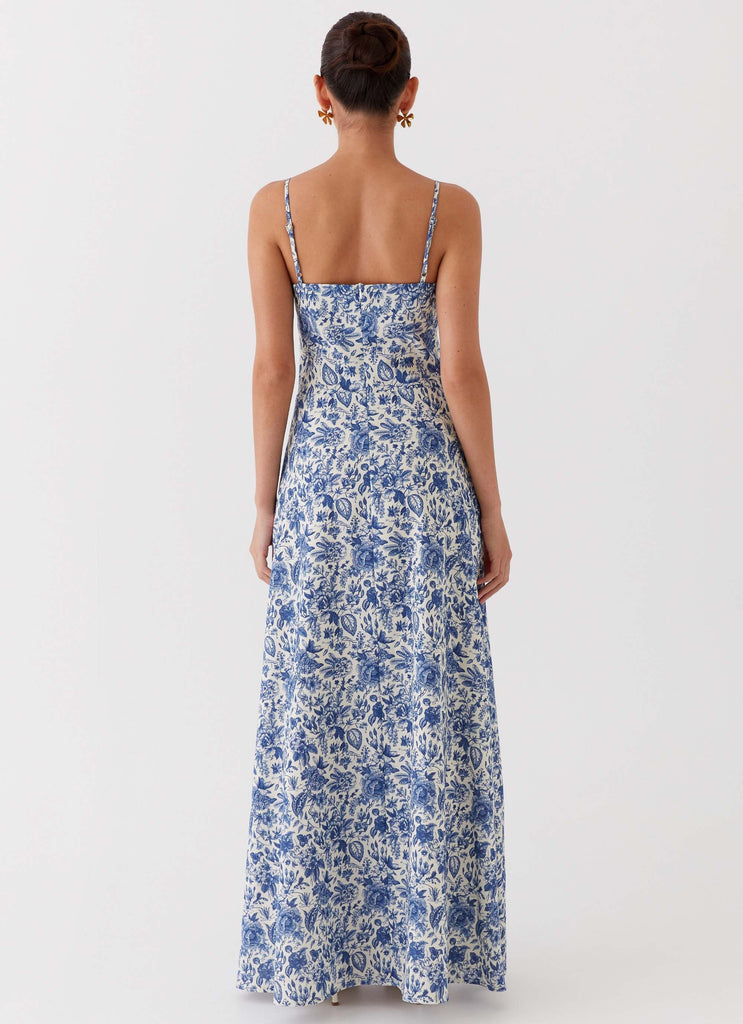 Womens Angelina Linen Maxi Dress in the colour Blue Paisley in front of a light grey background