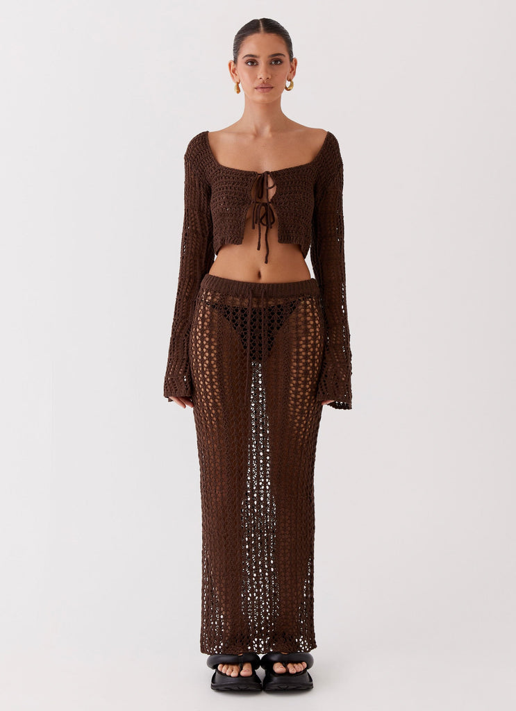 Womens Rosalina Crochet Maxi Skirt in the colour Chocolate in front of a light grey background