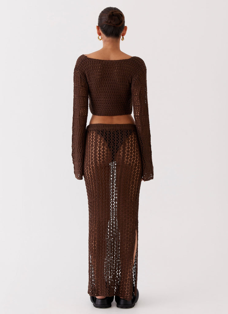 Womens Rosalina Crochet Maxi Skirt in the colour Chocolate in front of a light grey background