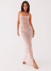 Womens Calabria Crochet Maxi Dress in the colour Pink in front of a light grey background