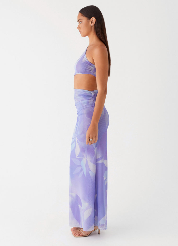 Womens Shadows In The Sun Mesh Maxi Dress in the colour Purple Rain in front of a light grey background